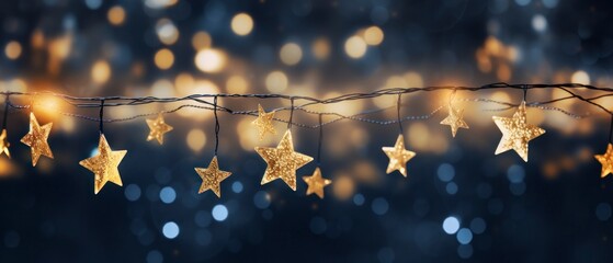 Christmas background with golden stars and bokeh lights. Banner.