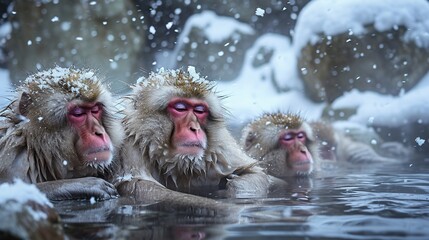 Snow monkeys bathing in a hot spring, Japan,Nagano Prefecture,Yamanouchi, Nagano. copy space for text.