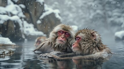 Snow monkeys bathing in a hot spring, Japan,Nagano Prefecture,Yamanouchi, Nagano. copy space for text.