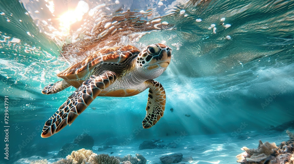 Wall mural turtle swimming in sea. image of animal. copy space for text. - Wall murals