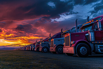 Row of semi trucks parked under evening sky