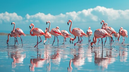 Wild african birds. Group birds of pink african flamingos walking around the blue lagoon on a sunny day. copy space for text. - obrazy, fototapety, plakaty