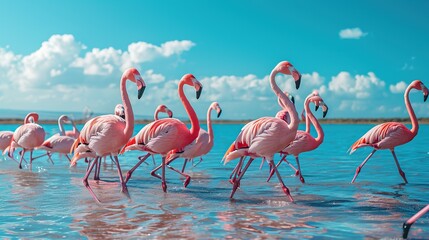 Wild african birds. Group birds of pink african flamingos walking around the blue lagoon on a sunny day. copy space for text. - obrazy, fototapety, plakaty