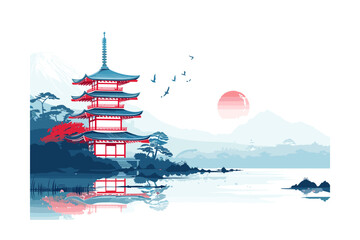 Fototapeta na wymiar vector illustration of Japanese Traditional Pagoda with Misty Mountain Background