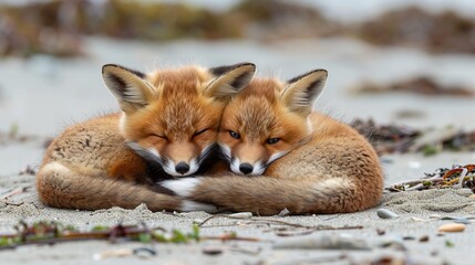 Wild baby red foxes cuddling at the beach. image of animal. copy space for text.