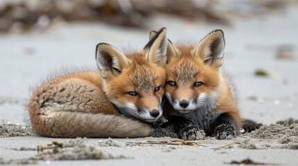 Wild baby red foxes cuddling at the beach. image of animal. copy space for text.