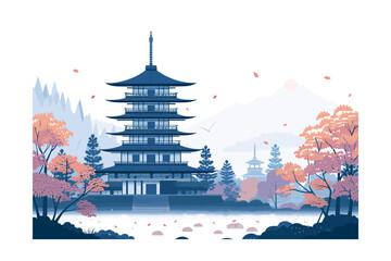 Naklejka premium vector illustration of Japanese Traditional Pagoda with Misty Mountain Background
