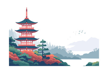 Fototapeta premium vector illustration of Japanese Traditional Pagoda with Misty Mountain Background