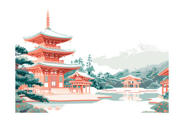 Obraz premium vector illustration of Japanese Traditional Pagoda with Misty Mountain Background