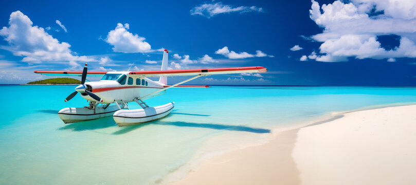 seaplane parked on a sunny tropical beach, luxury tours