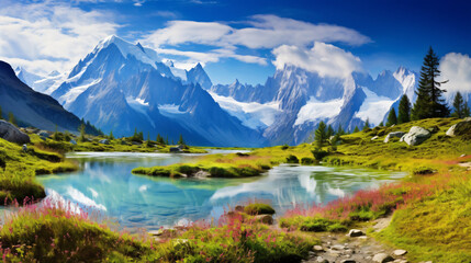 Fototapeta na wymiar Colorful summer panorama of the Lac Blanc lake
