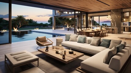 A contemporary luxury living room features an open-concept layout with seamless transitions to a private patio and infinity pool - obrazy, fototapety, plakaty