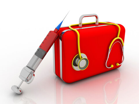3d rendering First aid kit with stethoscope near Syringe 