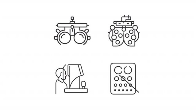 Eye testing animation set. Vision exam animated line icons. Optometrist eye diagnostic. Perception correcting. Black illustrations on white background. HD video with alpha channel. Motion graphic