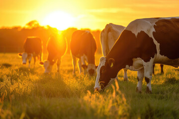 Cows peacefully grazing in golden sunset light