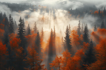Sunlight piercing through mist in a vibrant autumn forest, creating a mystical and tranquil scenery. - obrazy, fototapety, plakaty