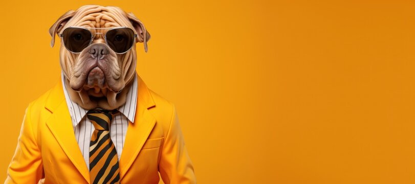 Cool looking Shar pei dog wearing funky fashion dress-yellow jacket,tie,suglasses.Banner with space for text.Concept of advertising a product or service (Internet,television,nightclub,technology).