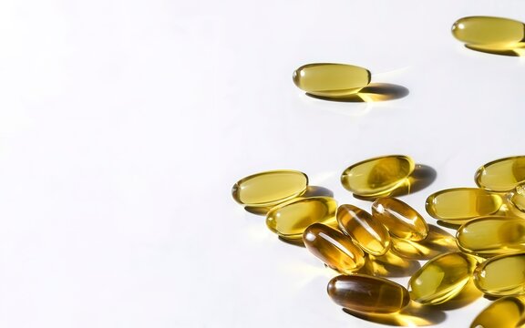 Vitamins in capsules fish oil, omega 3 and vitamin D on a white background.