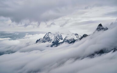 Fototapeta na wymiar Wonderful minimalist landscape with big snowy mountain peaks above low clouds.