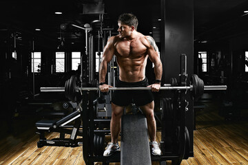 Young muscular man lifting a barbell bench press in the gym. Beautiful body, goal achievement,...