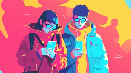 Fototapeta premium Colorful illustration of a couple of young people, students using phones