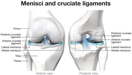 Menisci and cruciate ligaments. Labeled 3D Illustration - obrazy, fototapety, plakaty