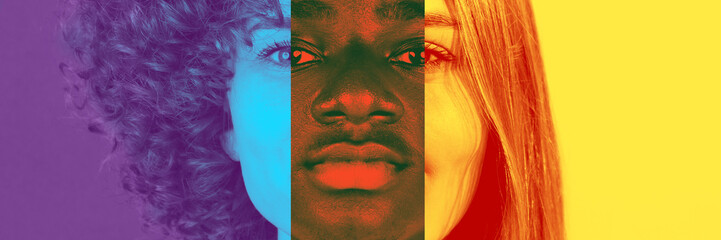 Collage. Cropped faces of young people of different gender and nationality forming human face against multicolored background. Duotone. Concept of youth, diversity, human emotions