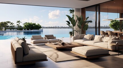 A contemporary luxury living room features an open-concept layout with seamless transitions to a private patio and infinity pool