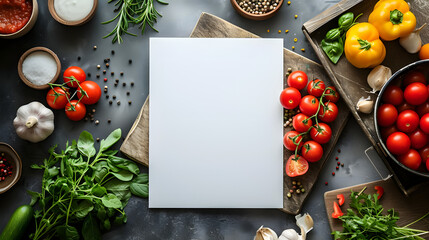 Rectangular blank white empty paper board with vegetables mockup on the kitchen table for text advertising message, space for text, healthy food cooking recipe menu concept