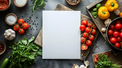 Foto op Plexiglas Rectangular blank white empty paper board with vegetables mockup on the kitchen table for text advertising message, space for text, healthy food cooking recipe menu concept © BeautyStock