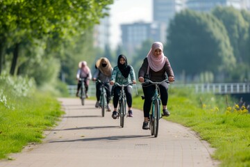 friends with hijabs riding bicycles on a city path