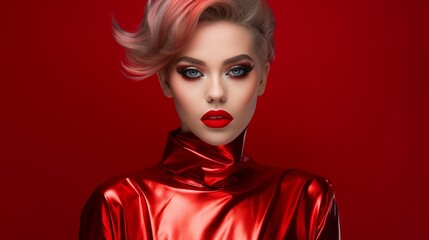 Woman with short hairstyle wearing red shiny foil style dress
