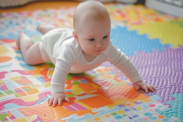 baby crawling in a white onesie on a colorful play mat