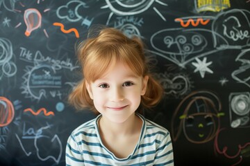 child with a chalkboard and chalk doodles behind