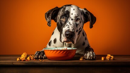 a front view of dog eating Pumpkin in a bowl on a bright colored background_.jpg