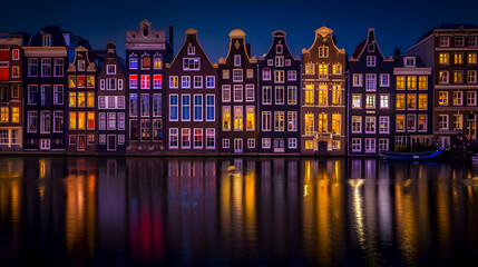 Naklejka premium Amsterdam after dark: illuminated canal houses and their mirrored reflections