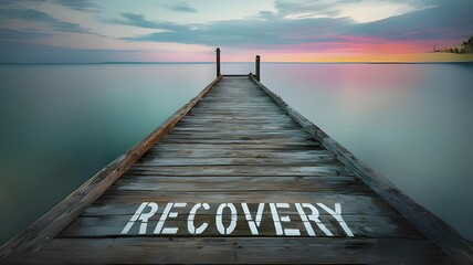 Recovery concept on a wooden dock in the middle of the ocean at sunset, with the word recovery written on it.  - 1 - obrazy, fototapety, plakaty