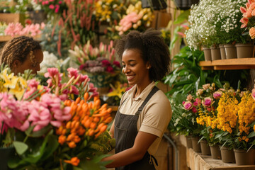Fototapeta na wymiar portrait of a Woman working with florists in flower store