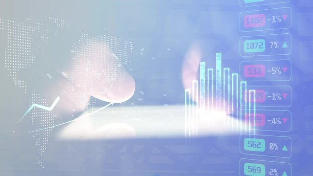 Cg Footage Male Fingers Use Smartphone And Illuminated By Its Backlight. Graphs and diagrams move in the background. Analytical columns with figures and indicators of interest growth and decline.