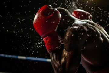 boxer practicing uppercuts, sweat on body - obrazy, fototapety, plakaty
