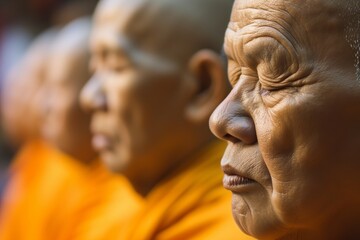 closeup of monks face in deep meditation - obrazy, fototapety, plakaty