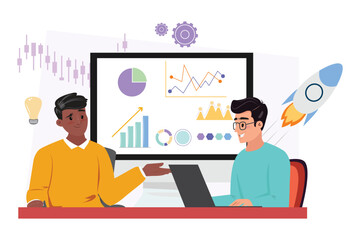 African man gesticulating with a hand and white man working at the laptop and talking about a new idea and business start up.