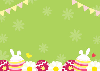 春の行事、イースターのベクターイラスト。イースターエッグとイースターバニー、中央にコピースペースがあるチラシやカードのデザイン、背景黄緑色