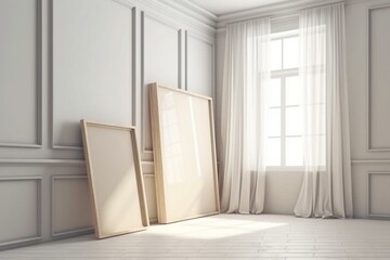 Empty room with frame mockup on beige wall and two wooden frames on white floor. 3D render. Generative AI