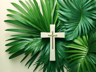 Christian wooden cross with palm tree leaves background  - obrazy, fototapety, plakaty