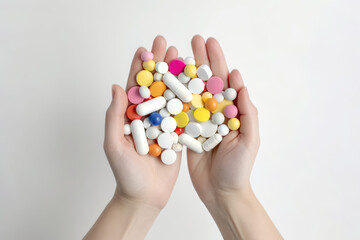 Fototapeta na wymiar The hand is holding many colorful pills, concept of drug abuse