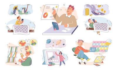 Child with tablet. Vector illustration. The integration technology in education enables students to have more interactive learning environment Toddlers using digital tablets develop early cognitive