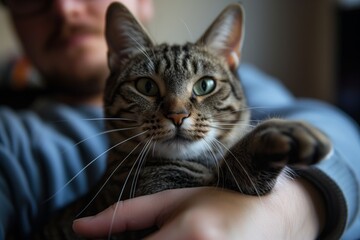 owner holding cat with its paw up towards the camera