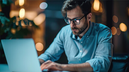 a representative-looking man is concentrated at a laptop