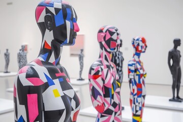 group of statues with geometric pop art patterns in a white gallery